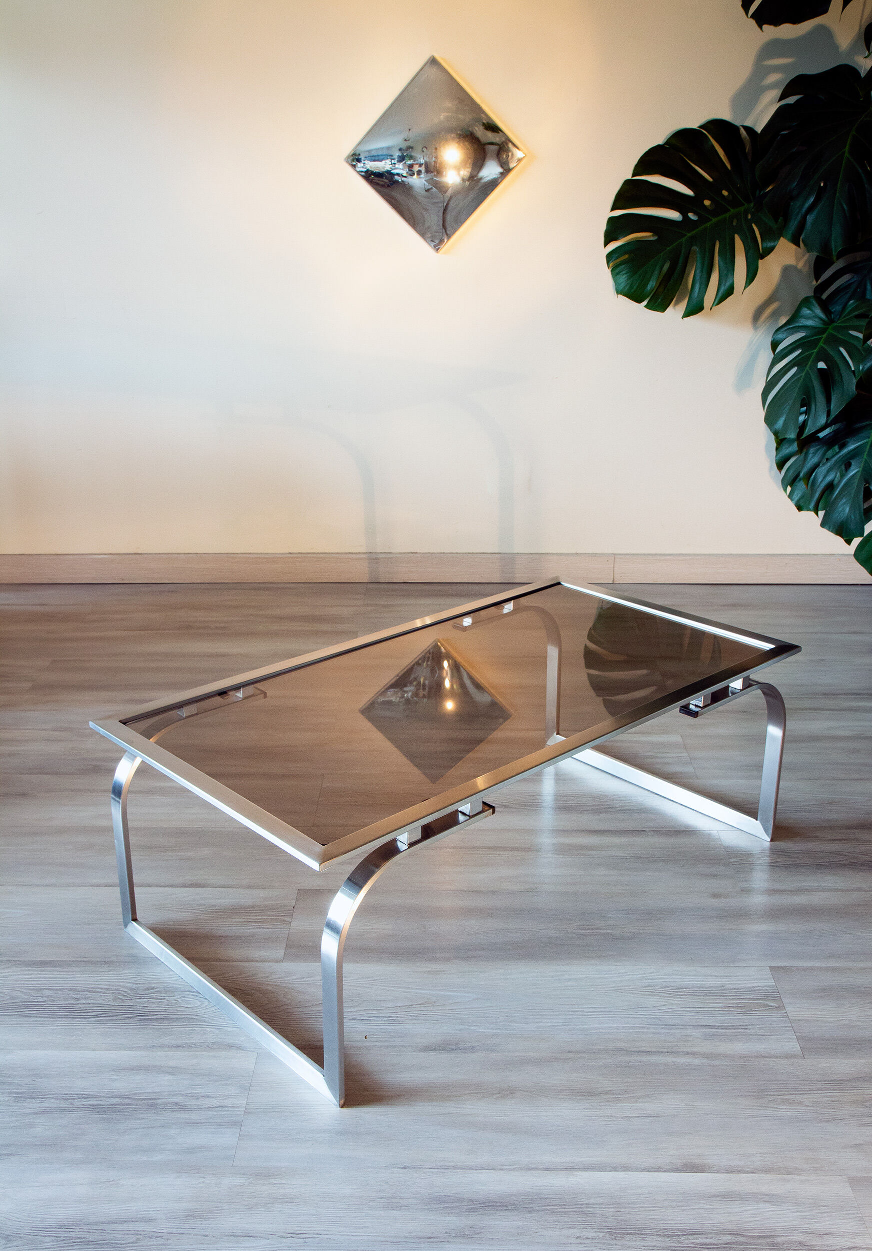 Coffee table 1970 smoked glass and metal