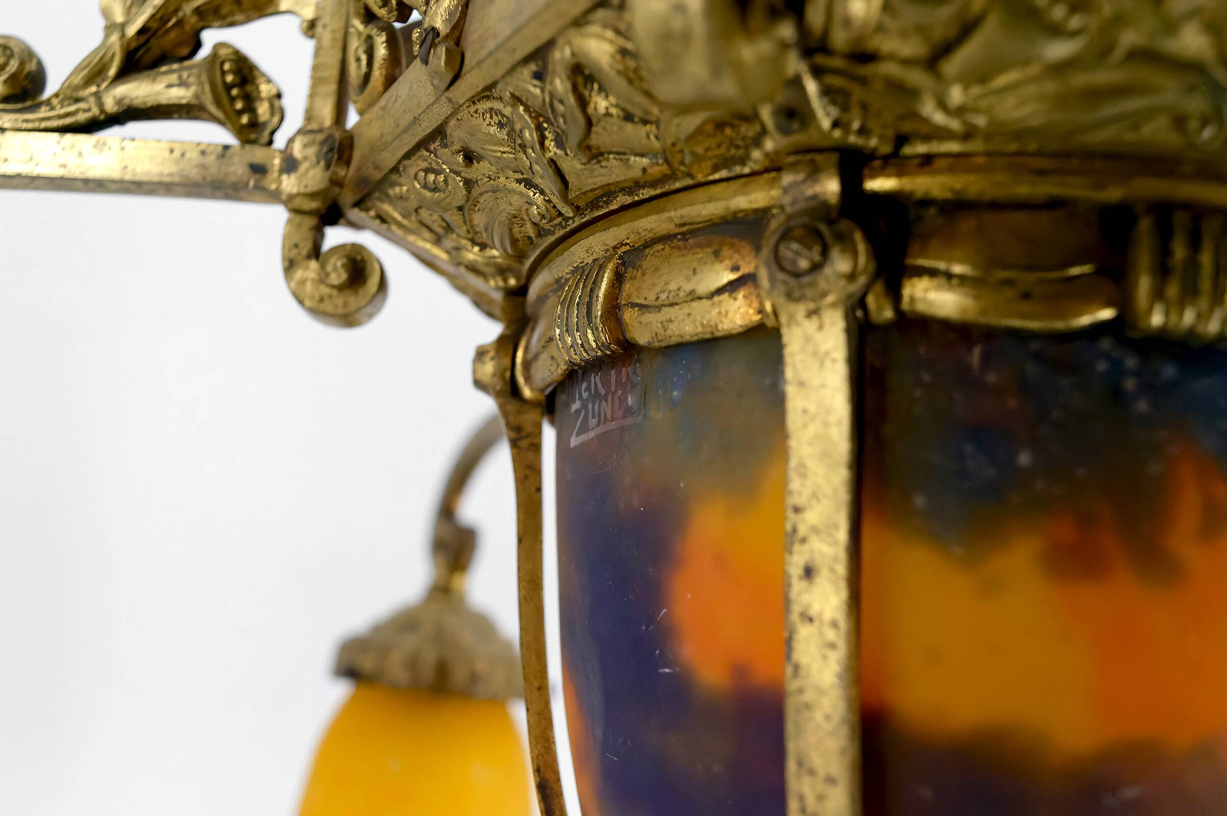 Gilded bronze and blown glass paste chandelier, Muller Frères, Art Deco