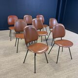 Set of 8 retro bistro chairs in cognac leatherette and black steel legs