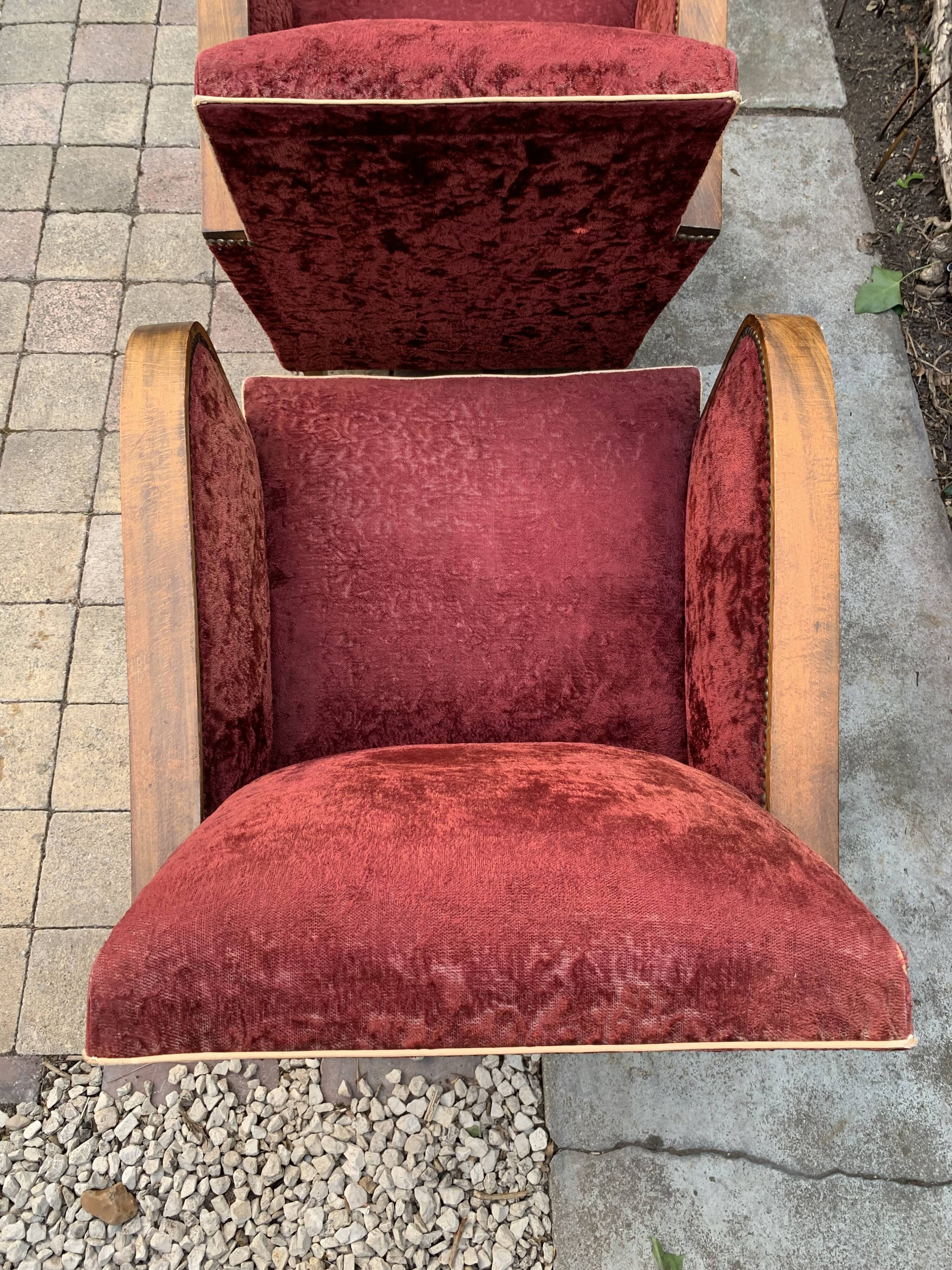 Pair of Art Deco club armchairs in burgundy red velvet, 1930s