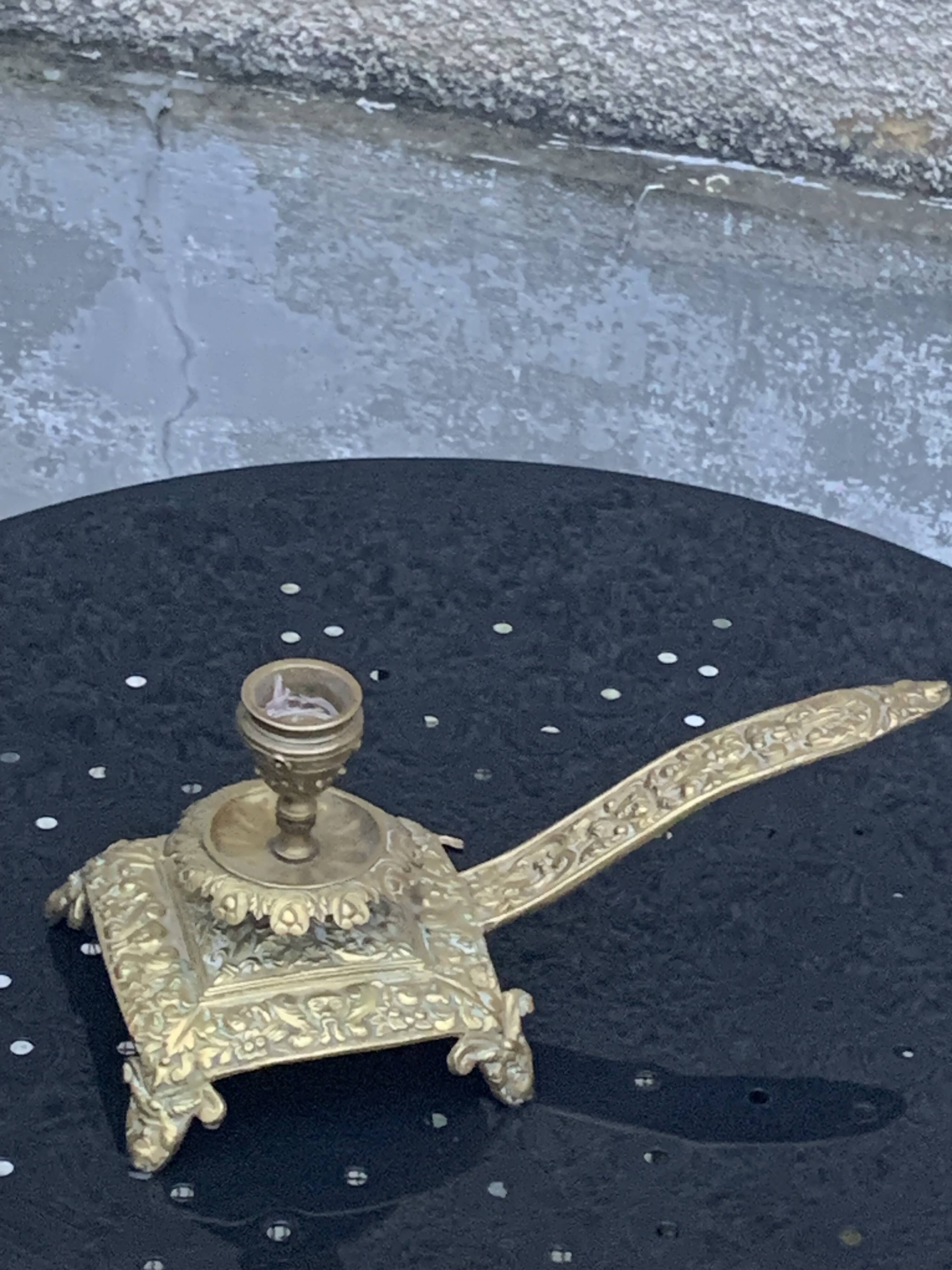 candle holder with handles, in vintage chiseled golden brass