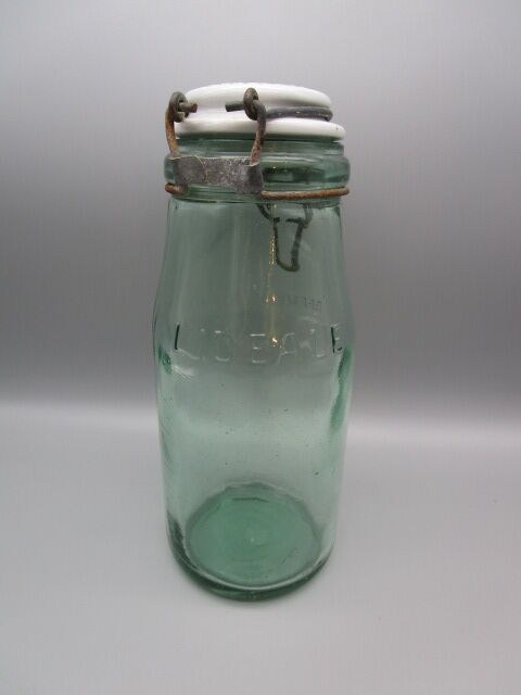 Antique glass jar L'IDEALE-porcelain stopper