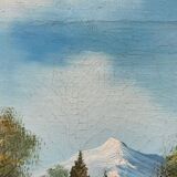Table hst mountain lake landscape with chalets