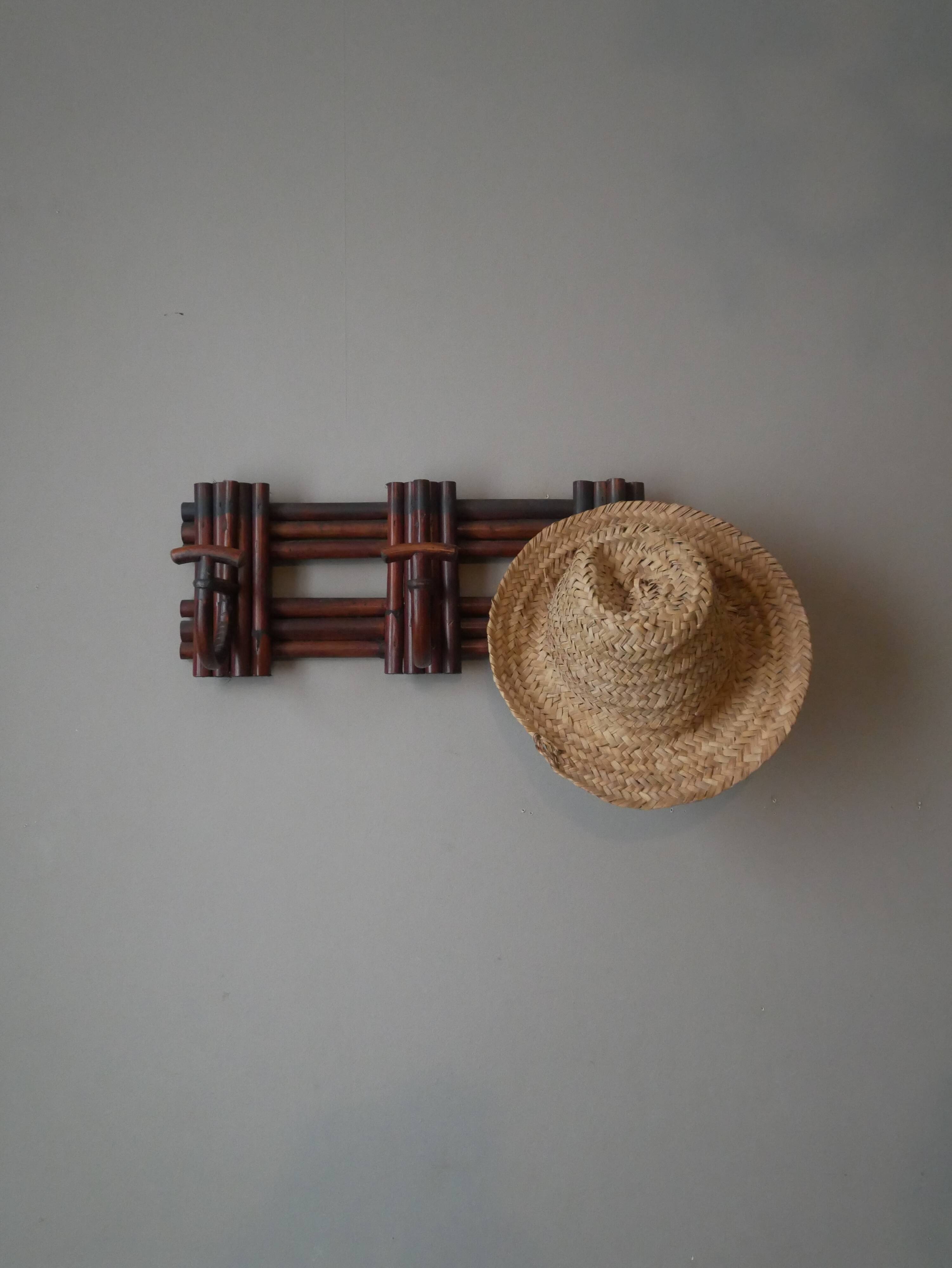 Vintage rattan handcrafted coat rack with three hooks, country decor