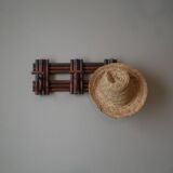 Vintage rattan handcrafted coat rack with three hooks, country decor