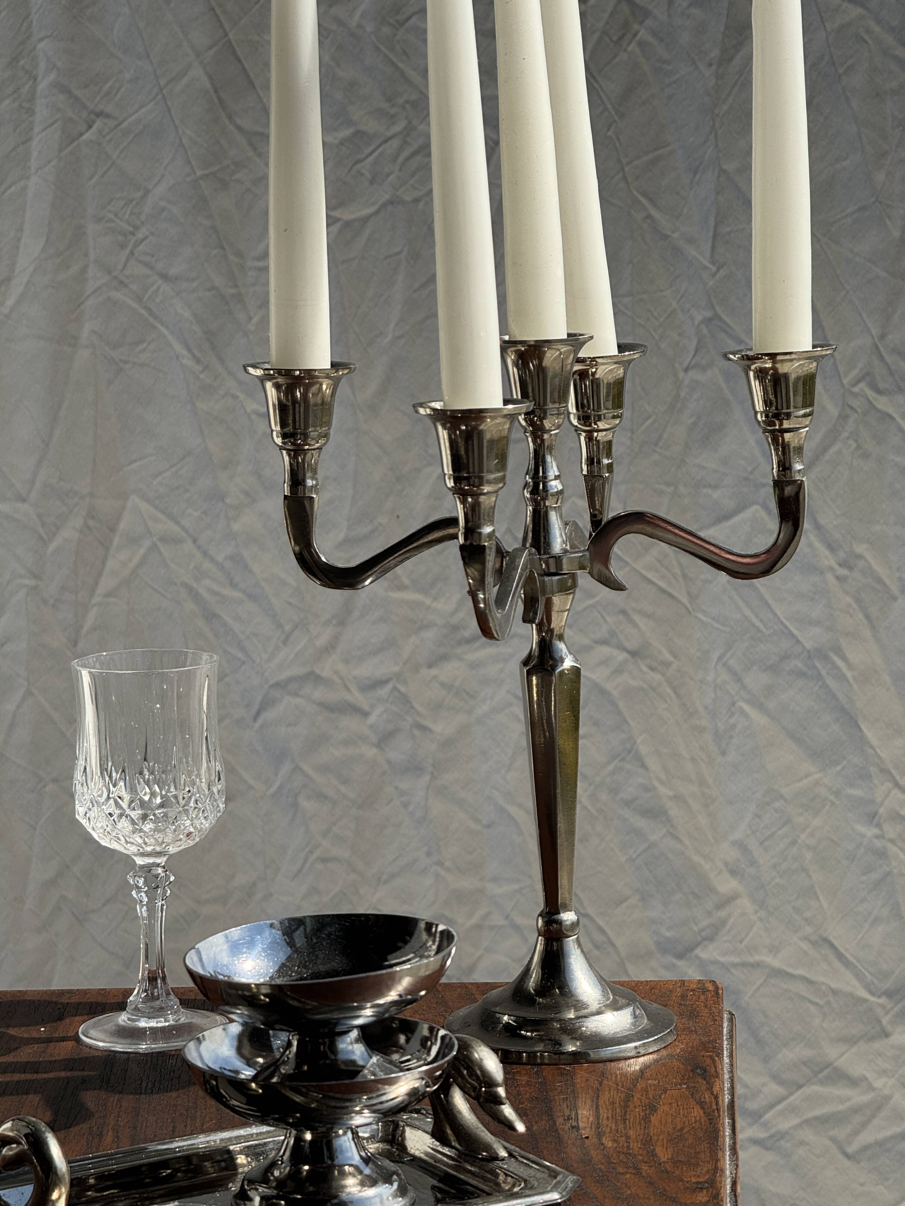 Pair of 5-arm silver-plated metal candlesticks H27