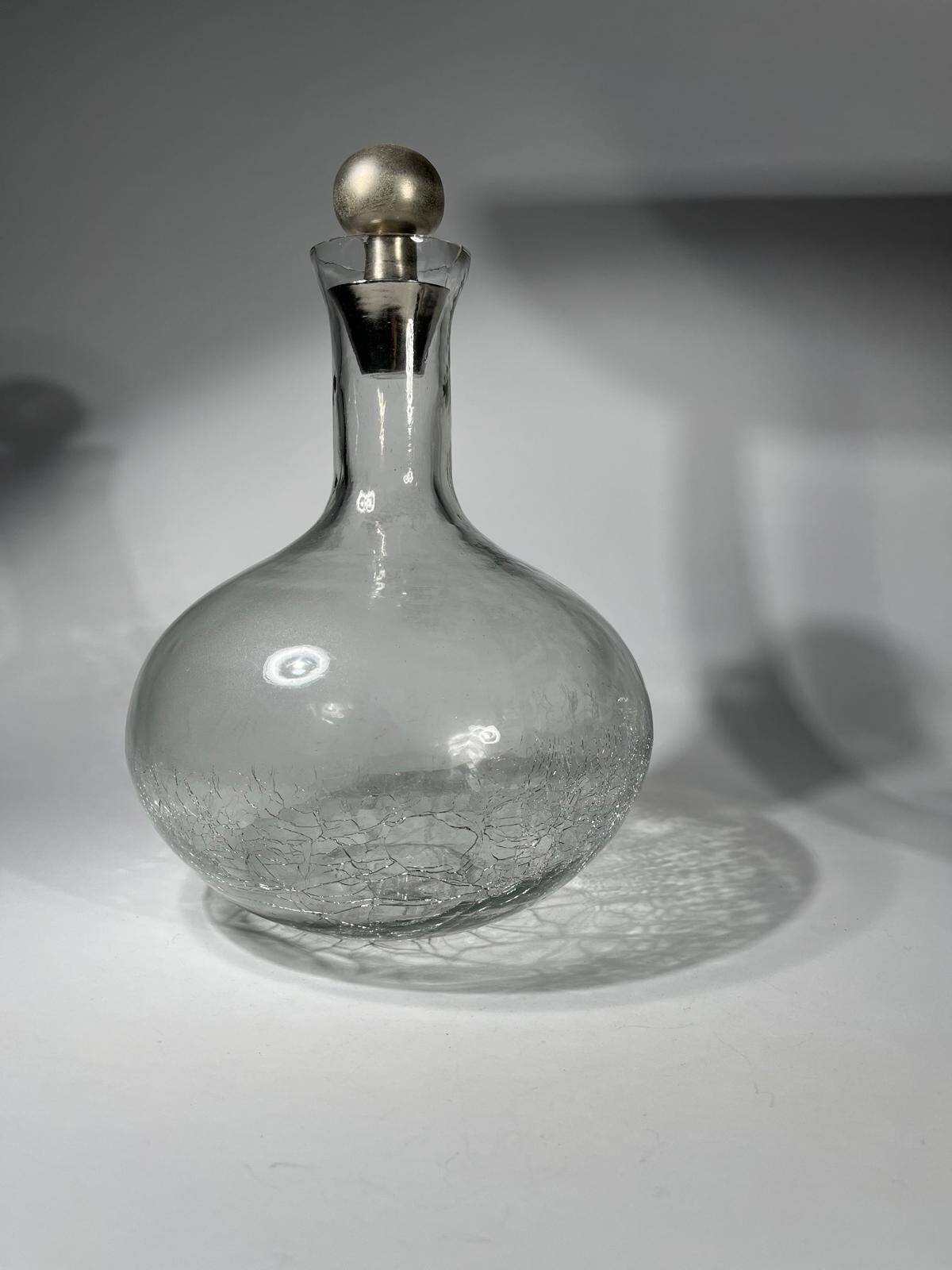 vintage cracked glass carafe with metal stopper