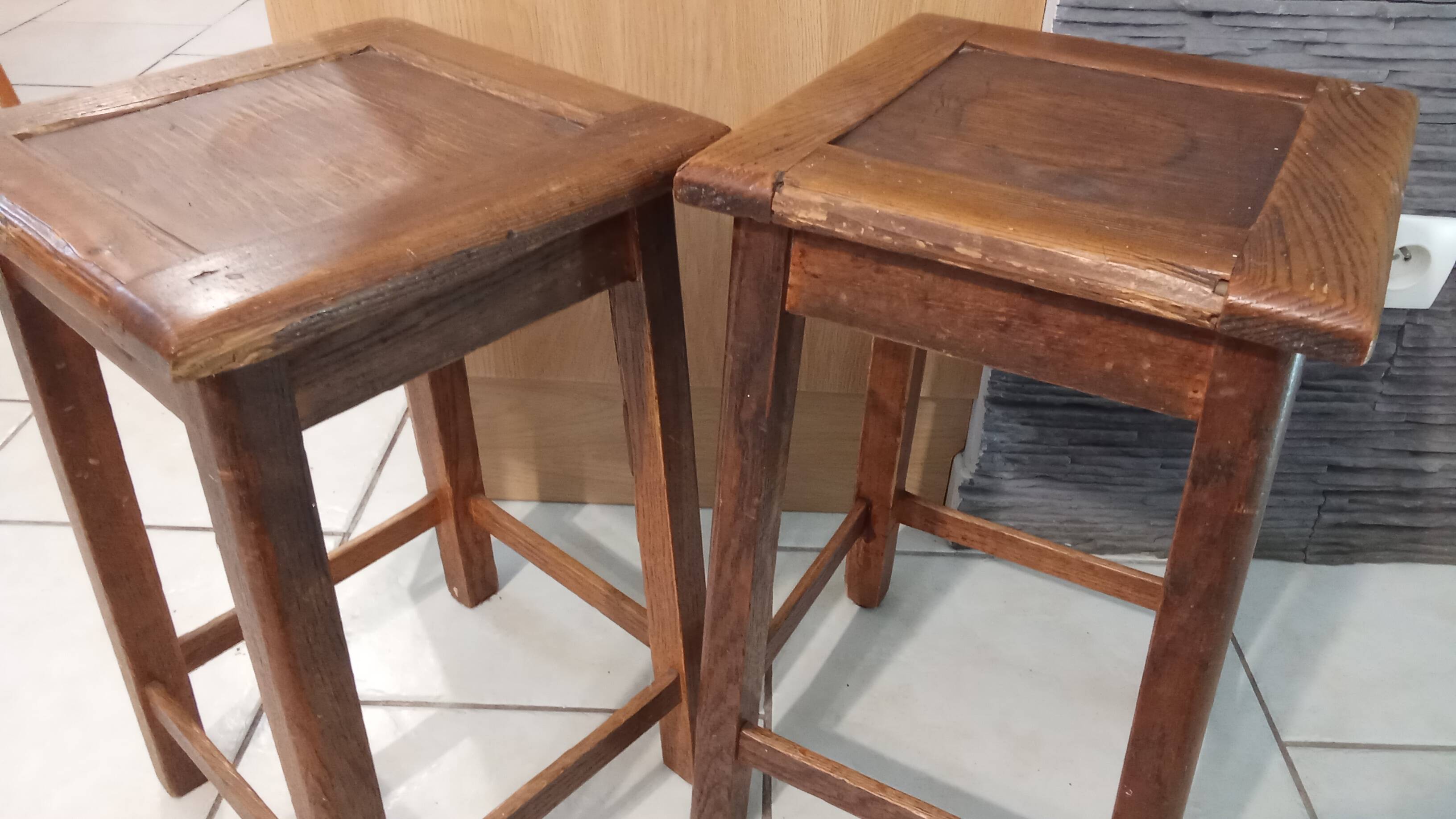 Pair of vintage wooden stools from the reconstruction period from the 40s and 50s
