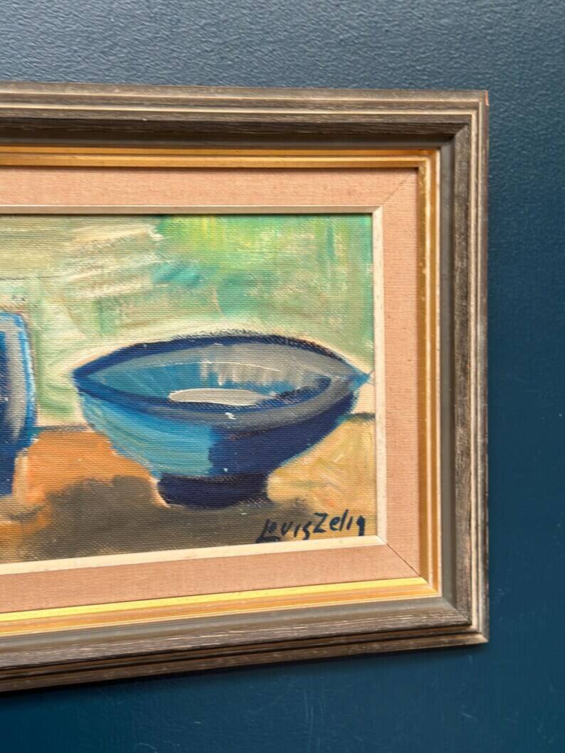 Large Original Swedish Oil on Panel – “Kettle Bowl and Glass” by Louis Zelig – Signed – Vintage & Framed – 40 × 80 cm (15.7" × 31.5")