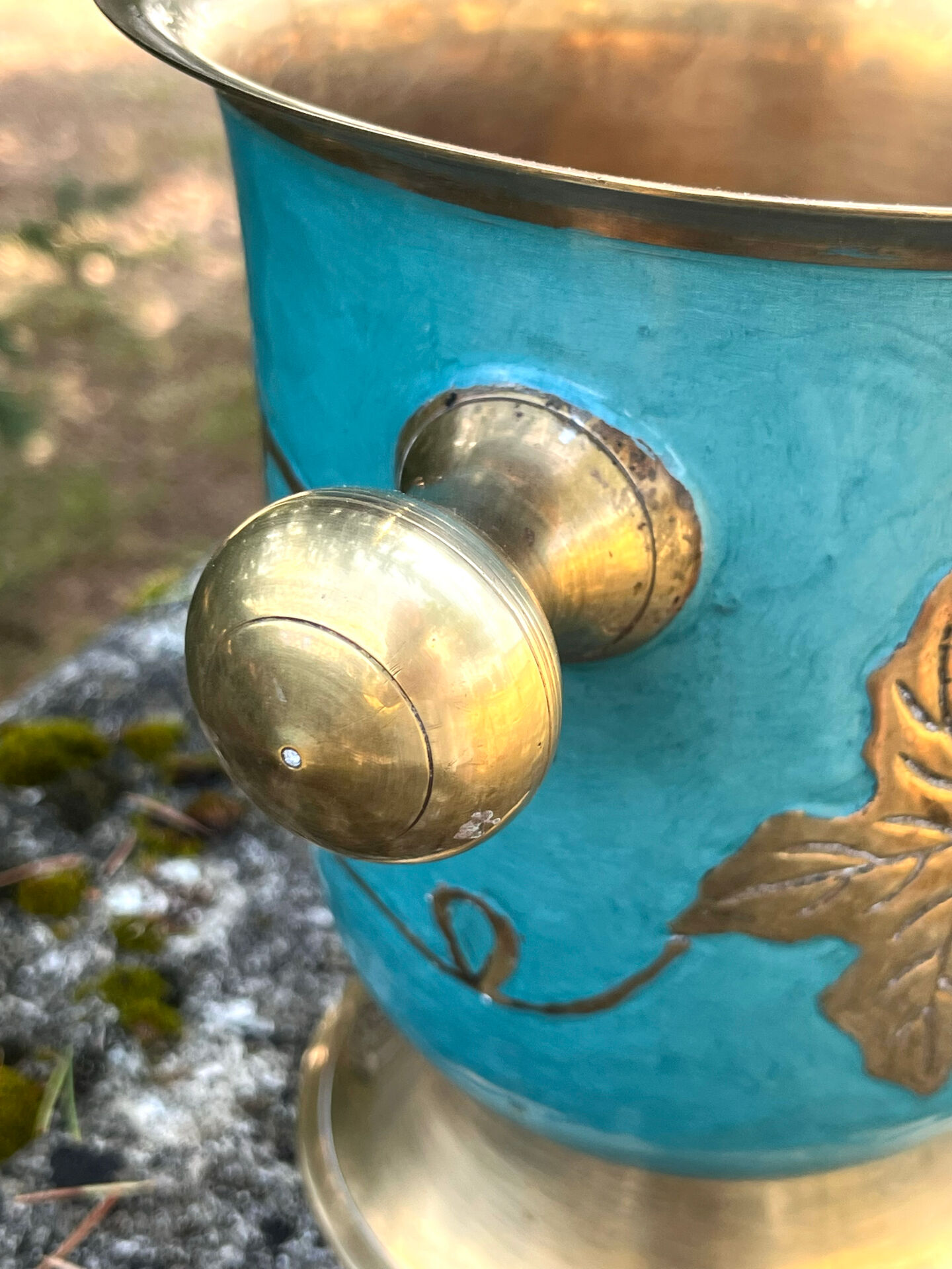 Vintage cloisonne brass champagne bucket with turquoise grape design