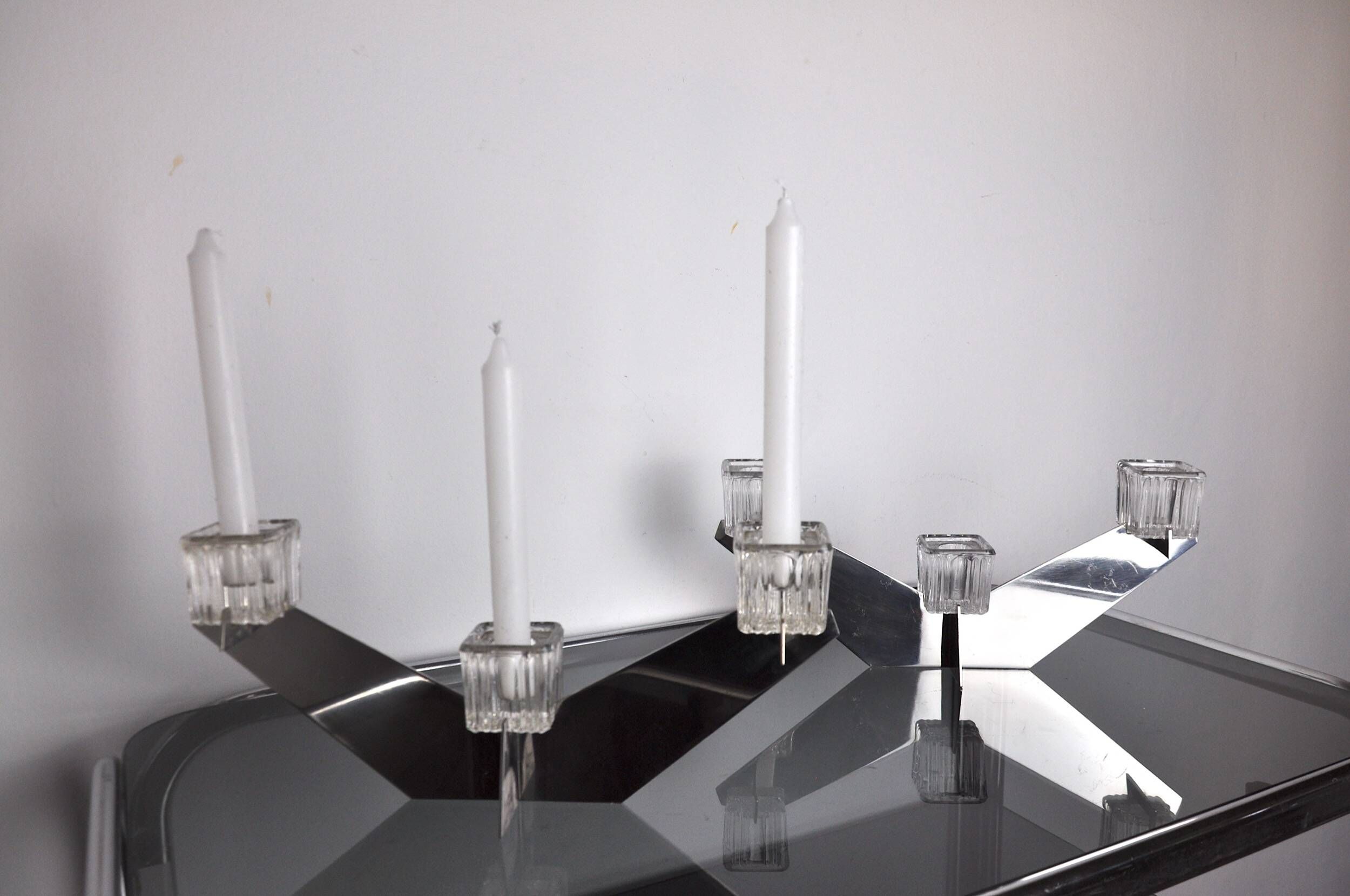 Pair of Peill & Putzler candlesticks, glass and metal, Germany, 1970