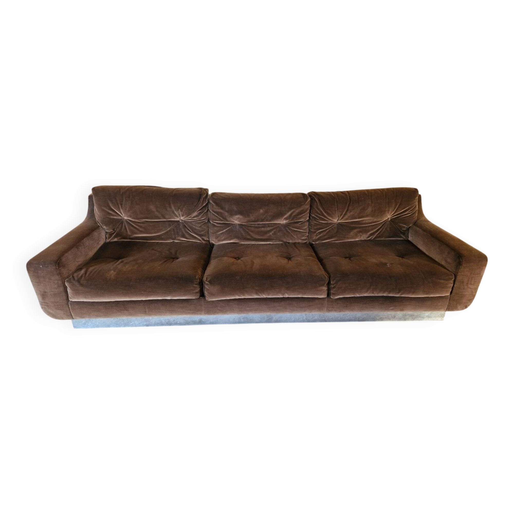 Vintage 3-seater canapé in brushed steel and brown velvet.