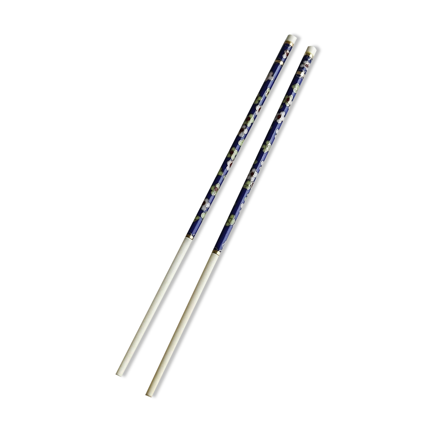 Blue chopsticks decorated with floral motifs.