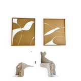 Diptych relief panels with a brown camel and cream background.