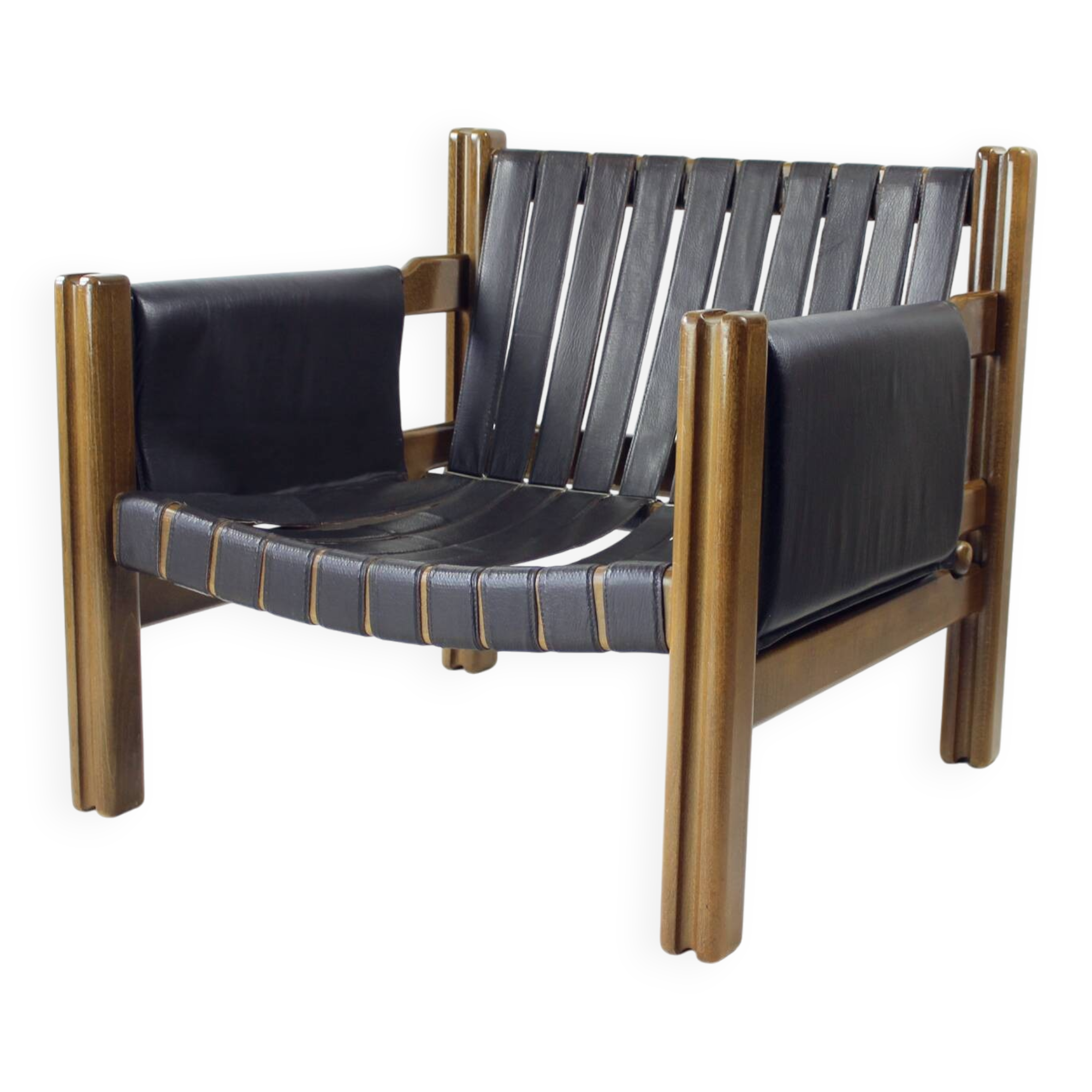 Lot de 2 chaises longues en cuir marron et noyer par Ton, Tchécoslovaquie