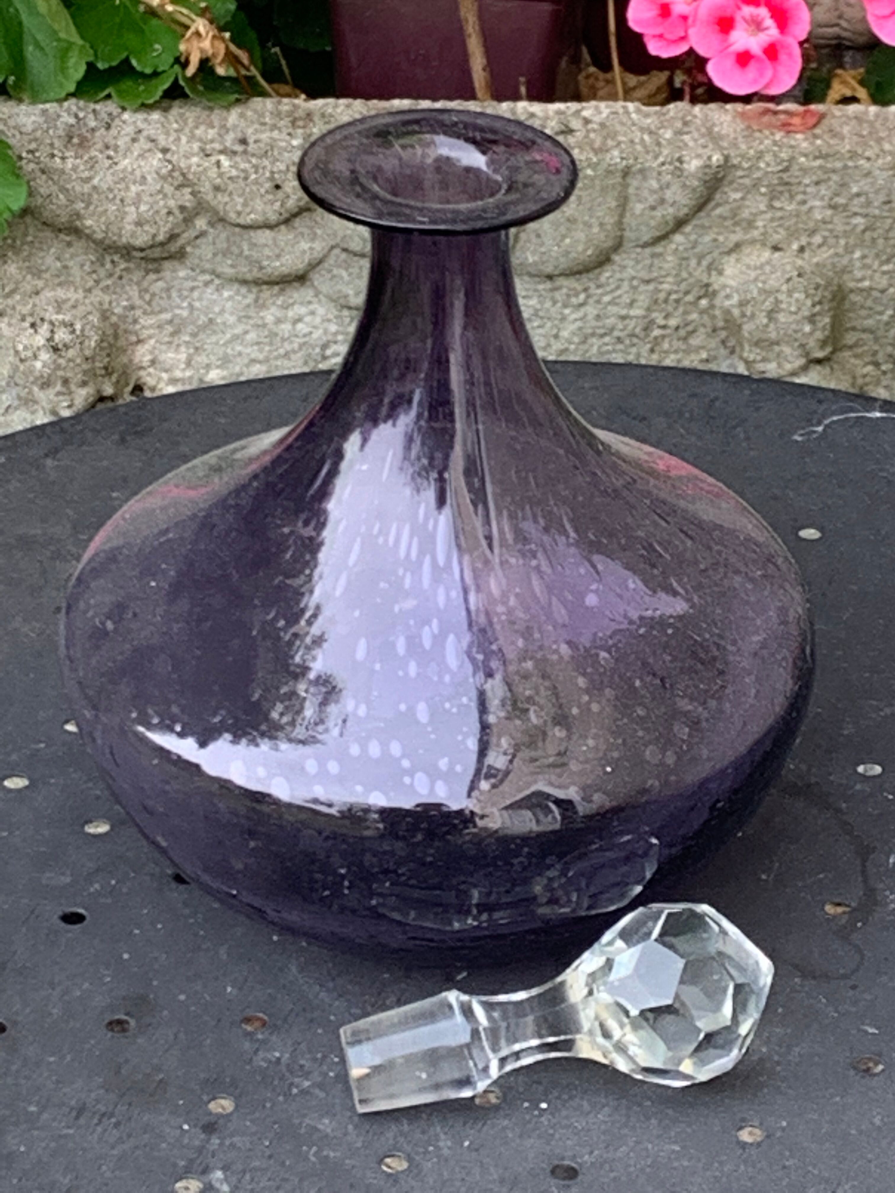 Bubble and purple blown glass decanter and faceted cut glass cap