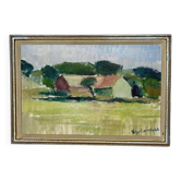 Mid Century Swedish Oil on Canvas – “Farm, Grevie” by Helge Cardell