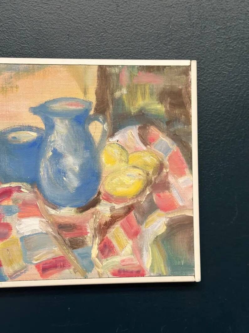 Original Swedish Oil on Panel – “Blue Pitchers and Lemon” by Off – Signed – Vintage and Framed – 37 × 29 cm (14.6 in × 11.4 in)