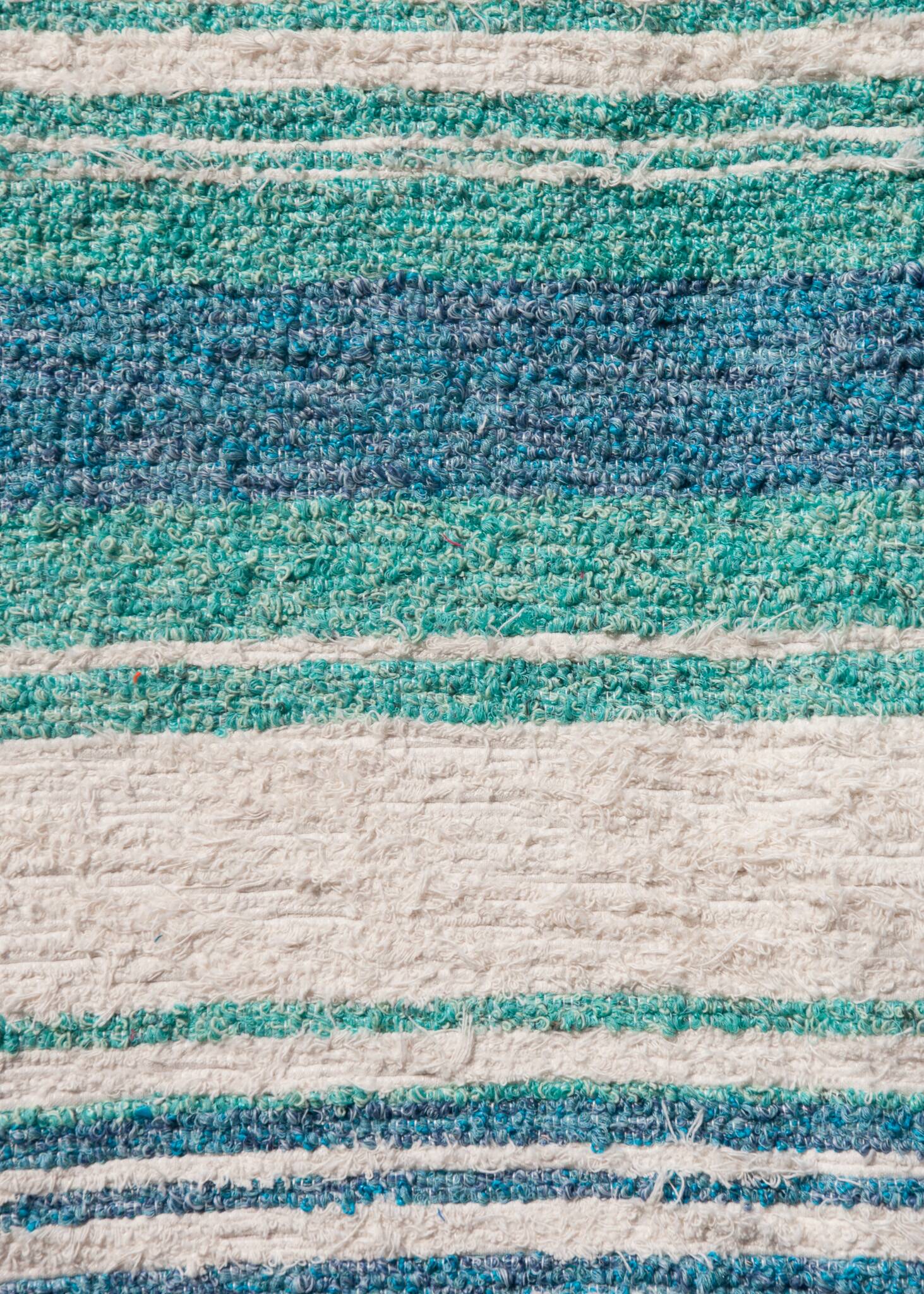 Handwoven recycled cotton rug - Turquoise and white