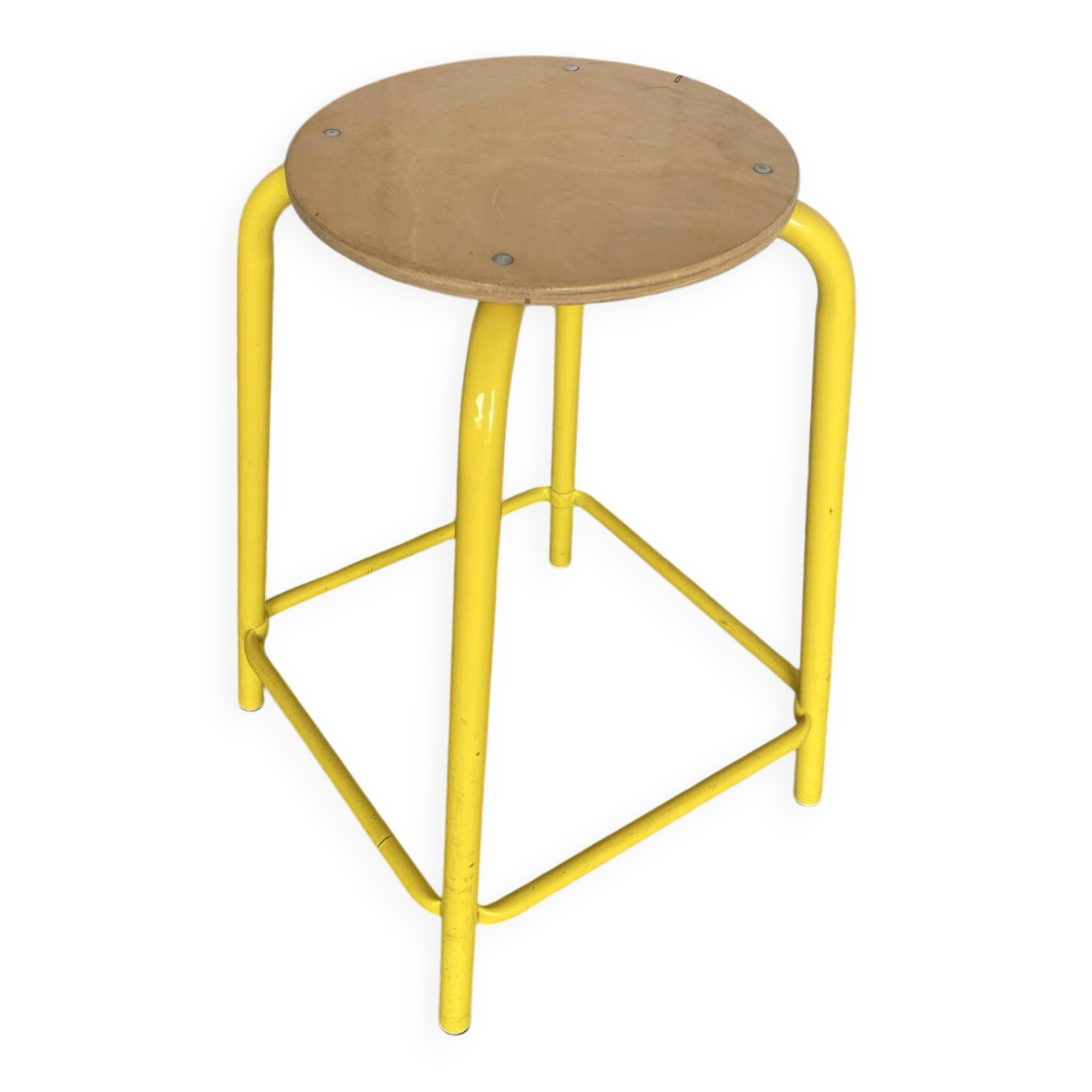 Vintage Industrial Stool Yellow Metal Tube + Wooden Seat