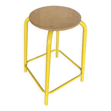 Vintage Industrial Stool Yellow Metal Tube + Wooden Seat