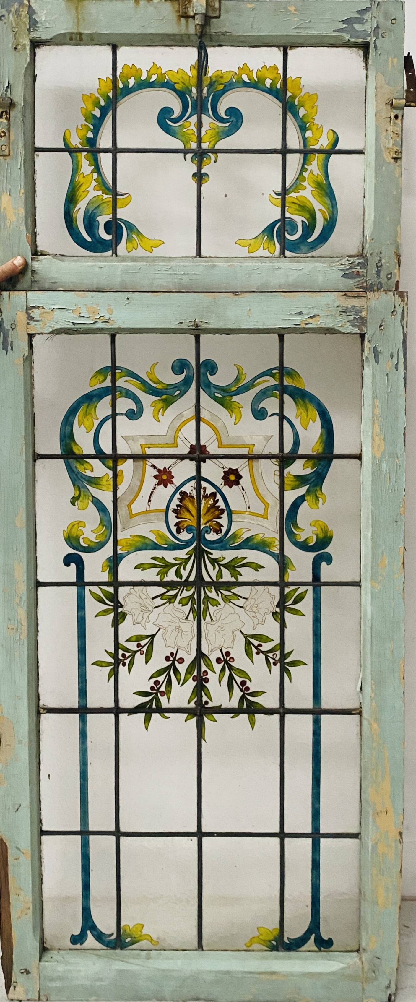Art Deco window and transom in fir and painted glass, 20th century