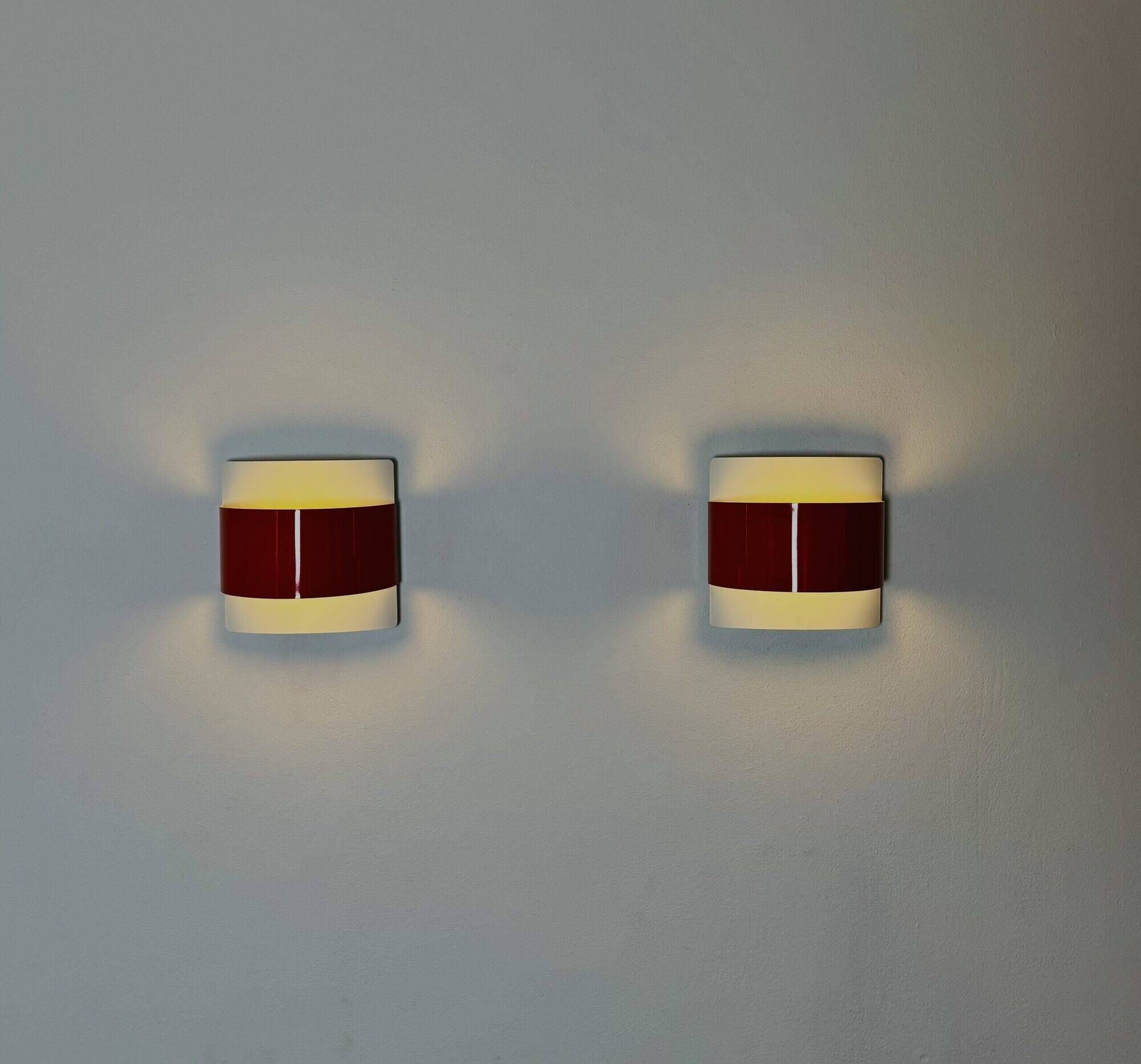 Curved Wall Lamps In Red And White By Peter Celsing For Falkenbergs Belysning, Sweden 1960S