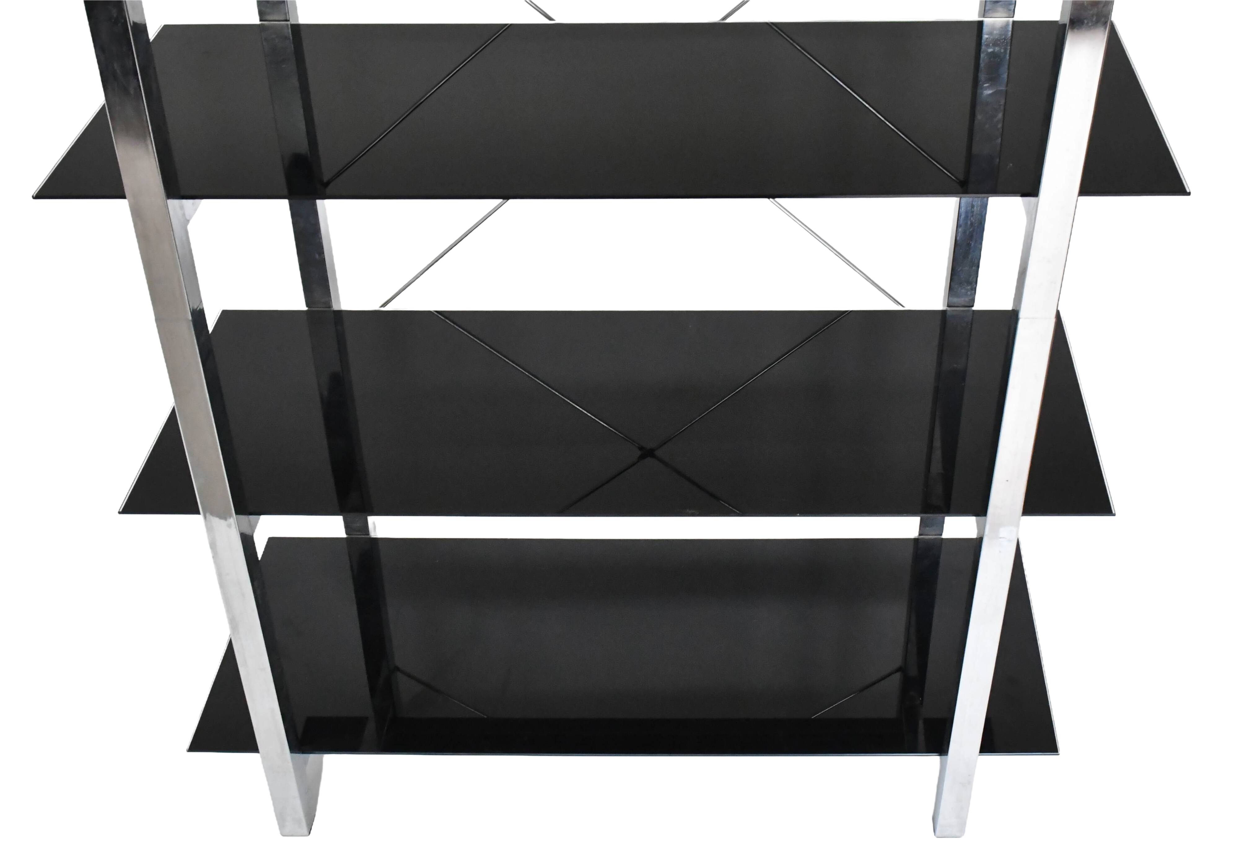 Chrome metal and black glass shelf with 5 levels.