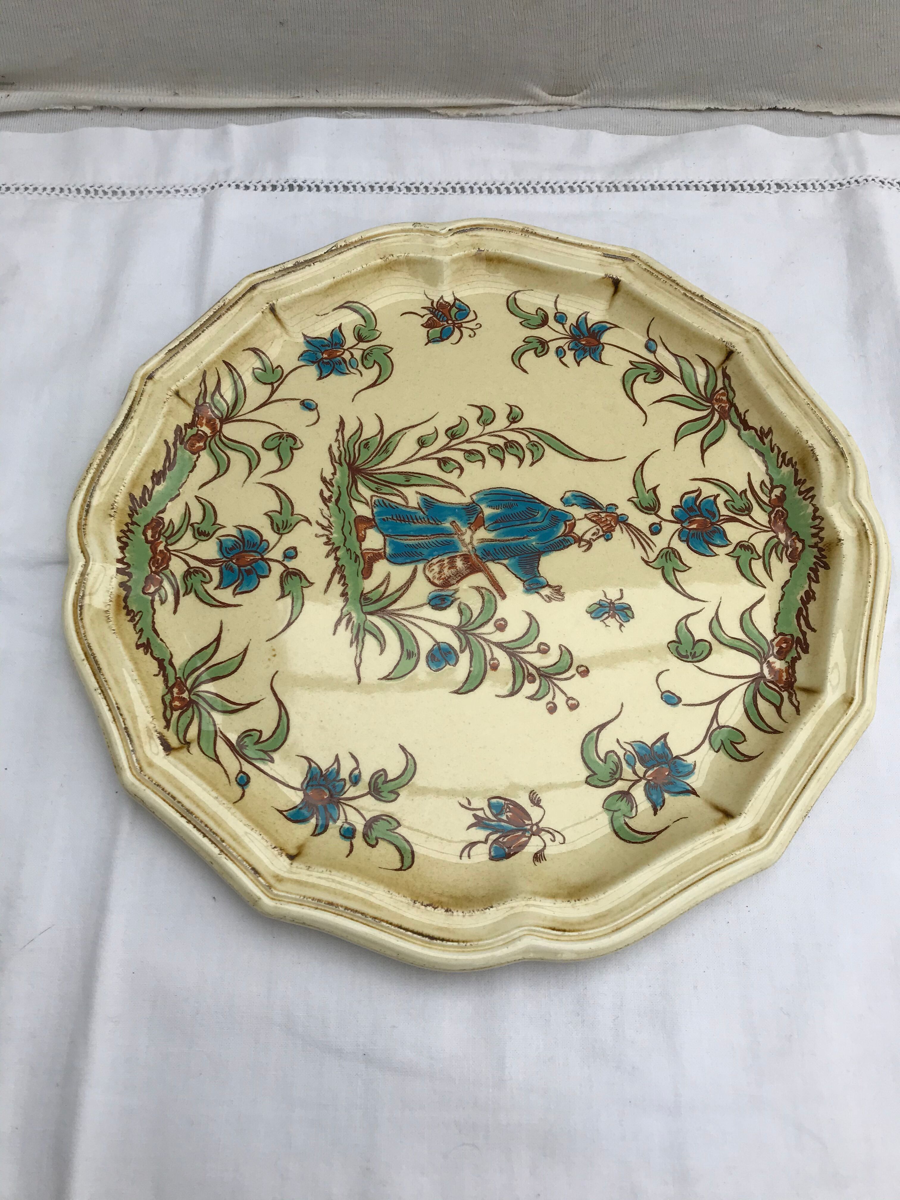 Pair old plate Moustiers Salins ceramics painted france vintage