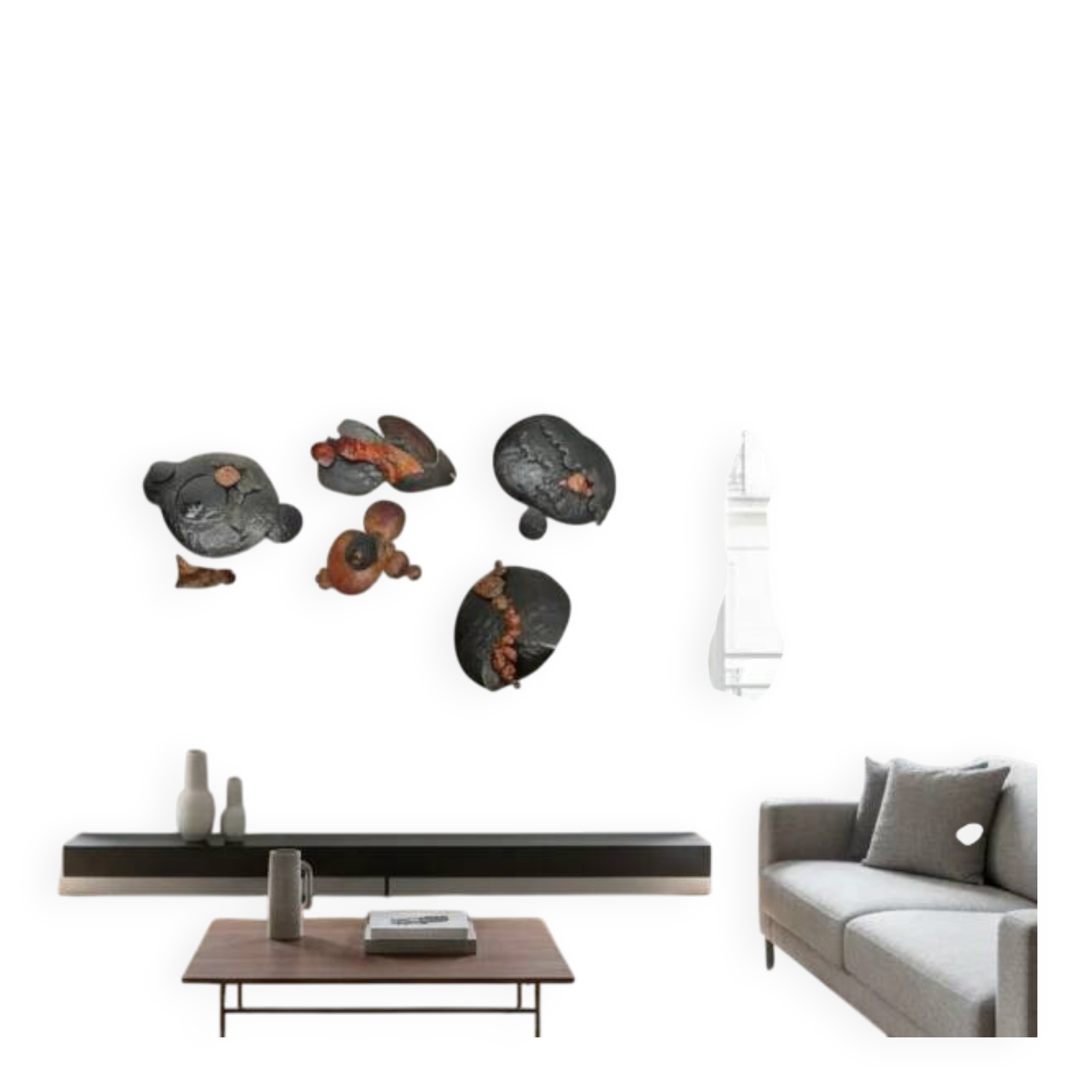 Set of brutalist wall sculptures signed B + D, circa 1965–1975.