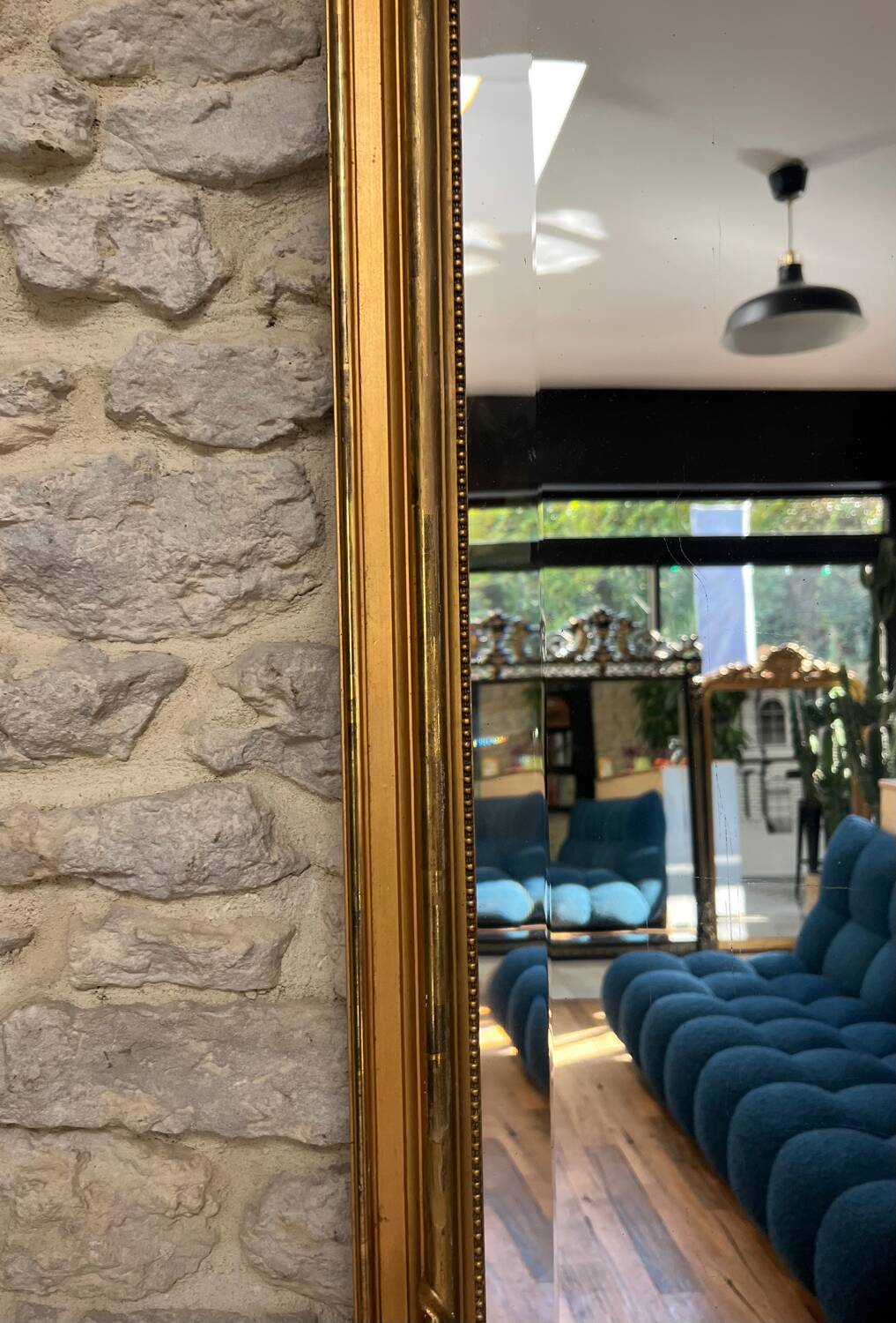 Antique mirror, 238.5/51cm, between two panes, with gilded pediments and gold leaf