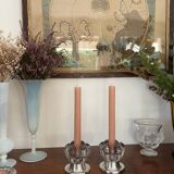 Pair of candle holders in crystal and vintage silver metal