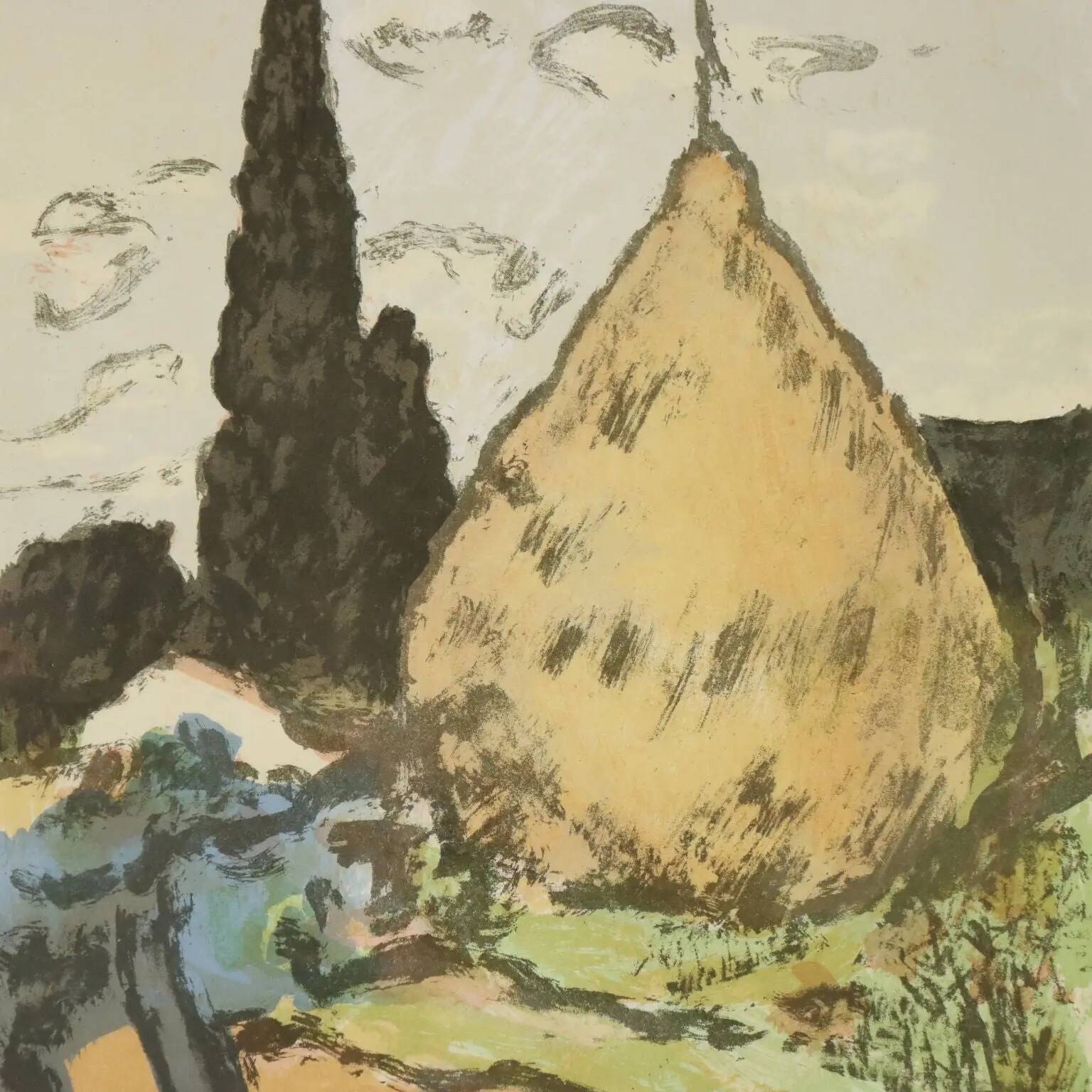 Modern lithograph signed Ardengo Soffici Haystack and Cypress 1962