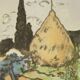 Modern lithograph signed Ardengo Soffici Haystack and Cypress 1962