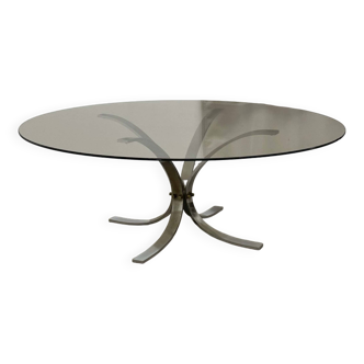 Round coffee table in chromed metal and smoked glass