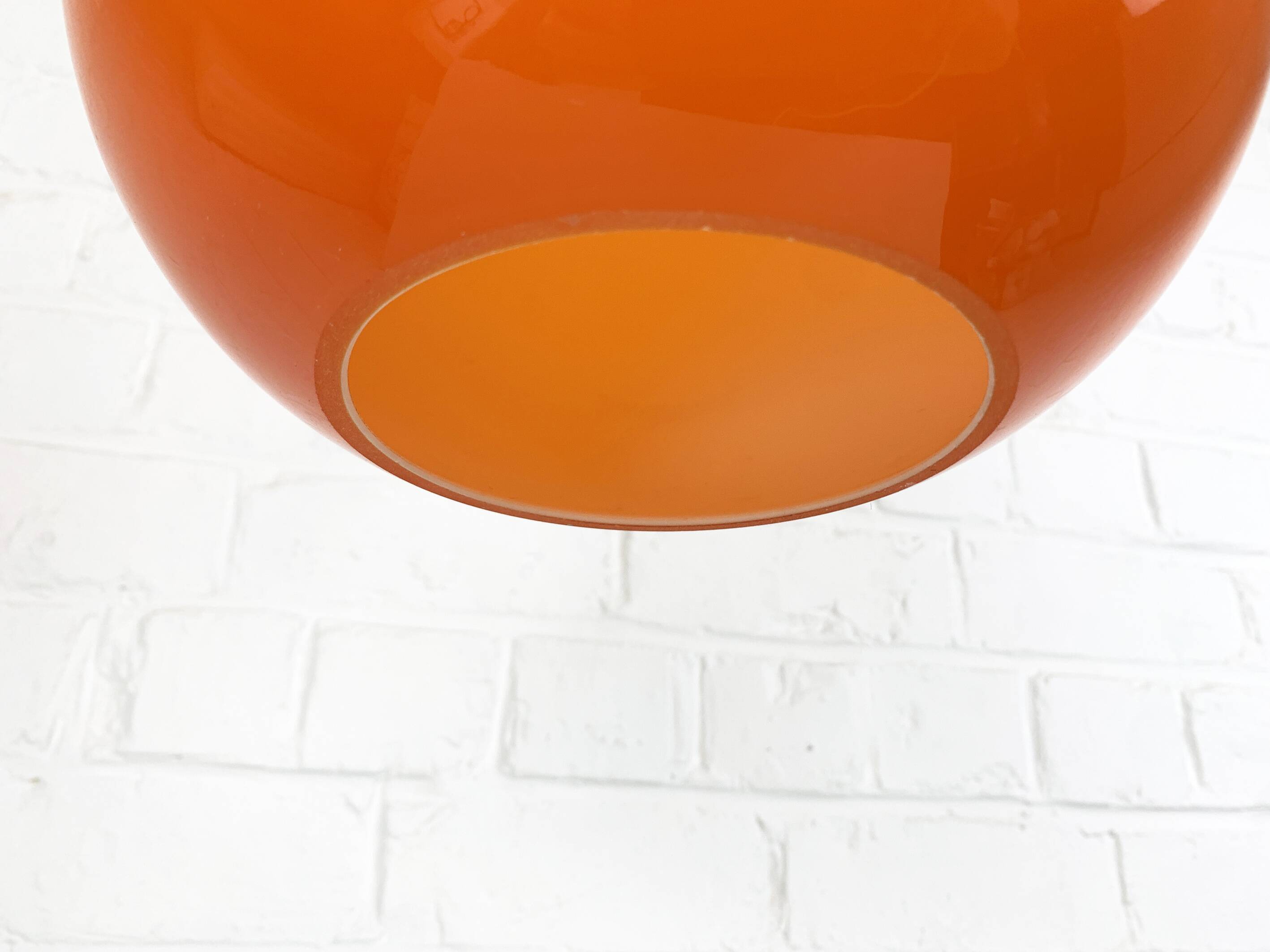 Scandinavian drop pendant light in orange, opaline and teak glass, 1960