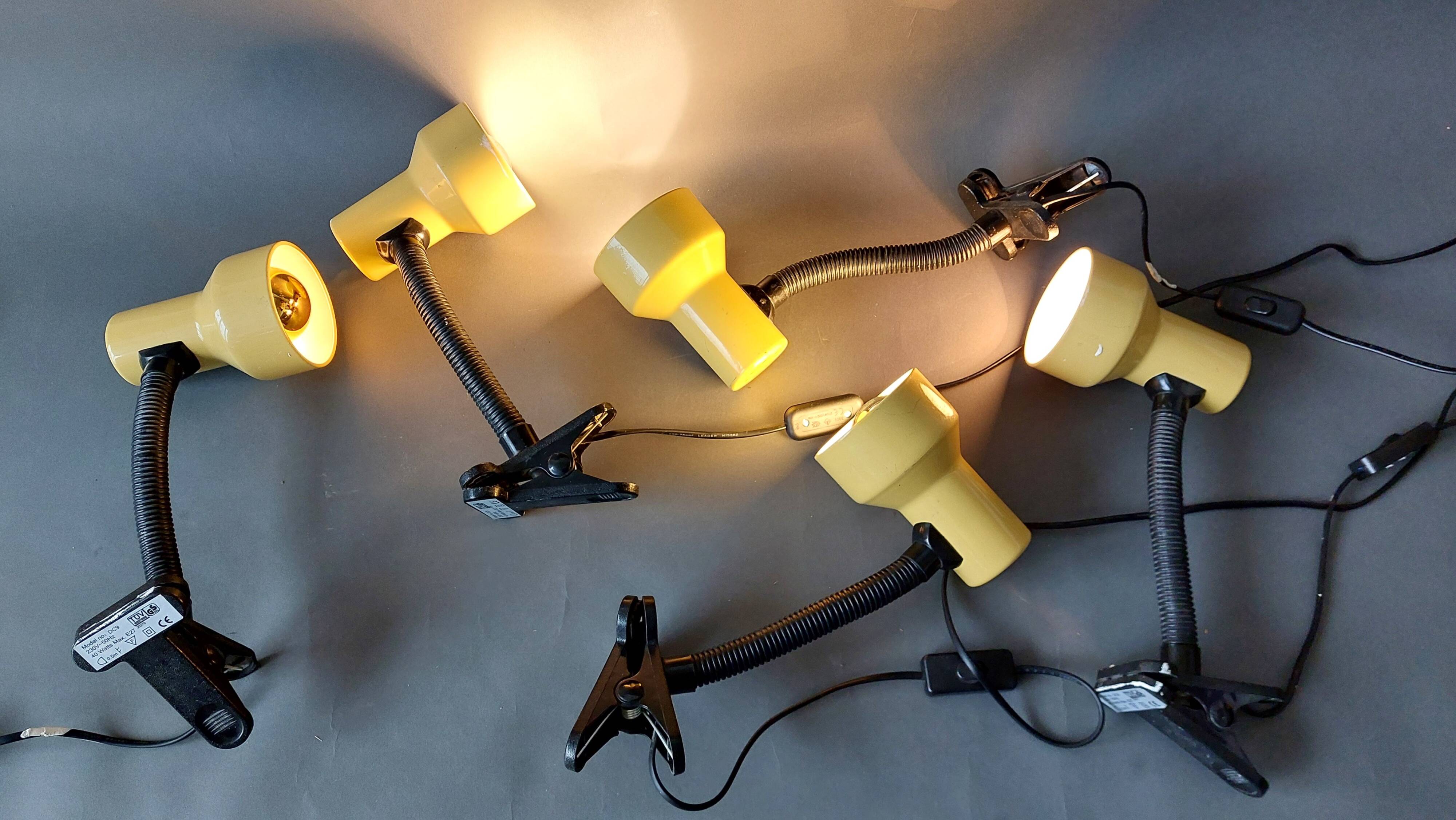 Series of 5 yellow lacquered adjustable clamp spotlights 1980 Vintage.