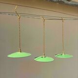 Lot of 3 vintage pendant lampshades in green and white enamelled sheet metal, industrial farm