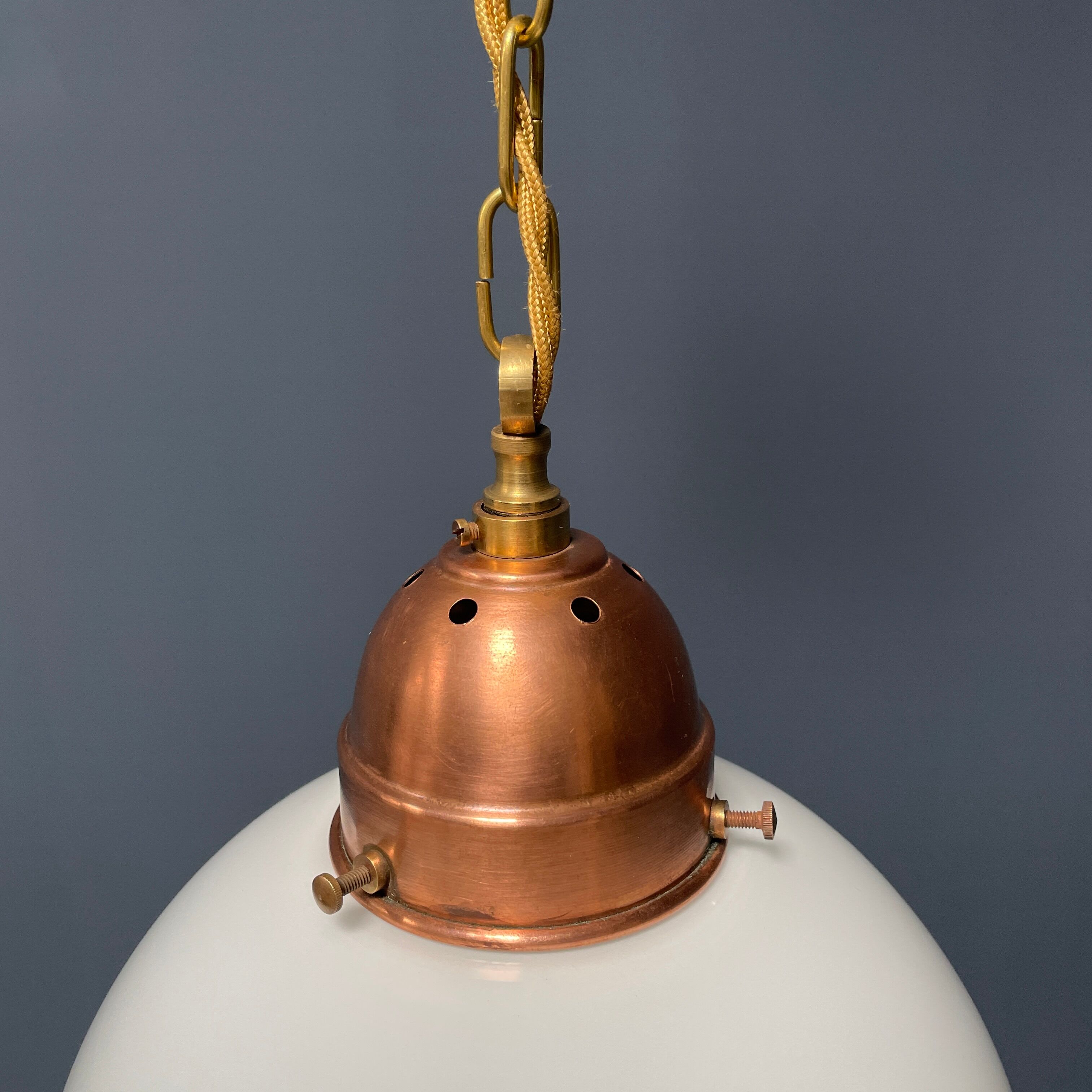 Opaline glass ball hanging lamp with copper fixture