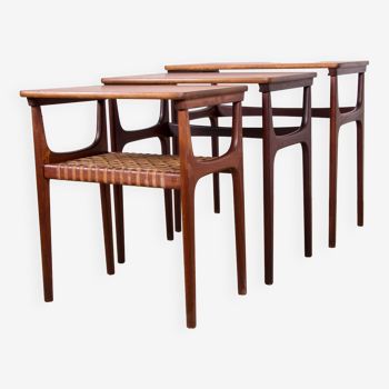 Series of three Danish nesting tables in Teak and canning by Erling Torvits for Heltborg Mobler.