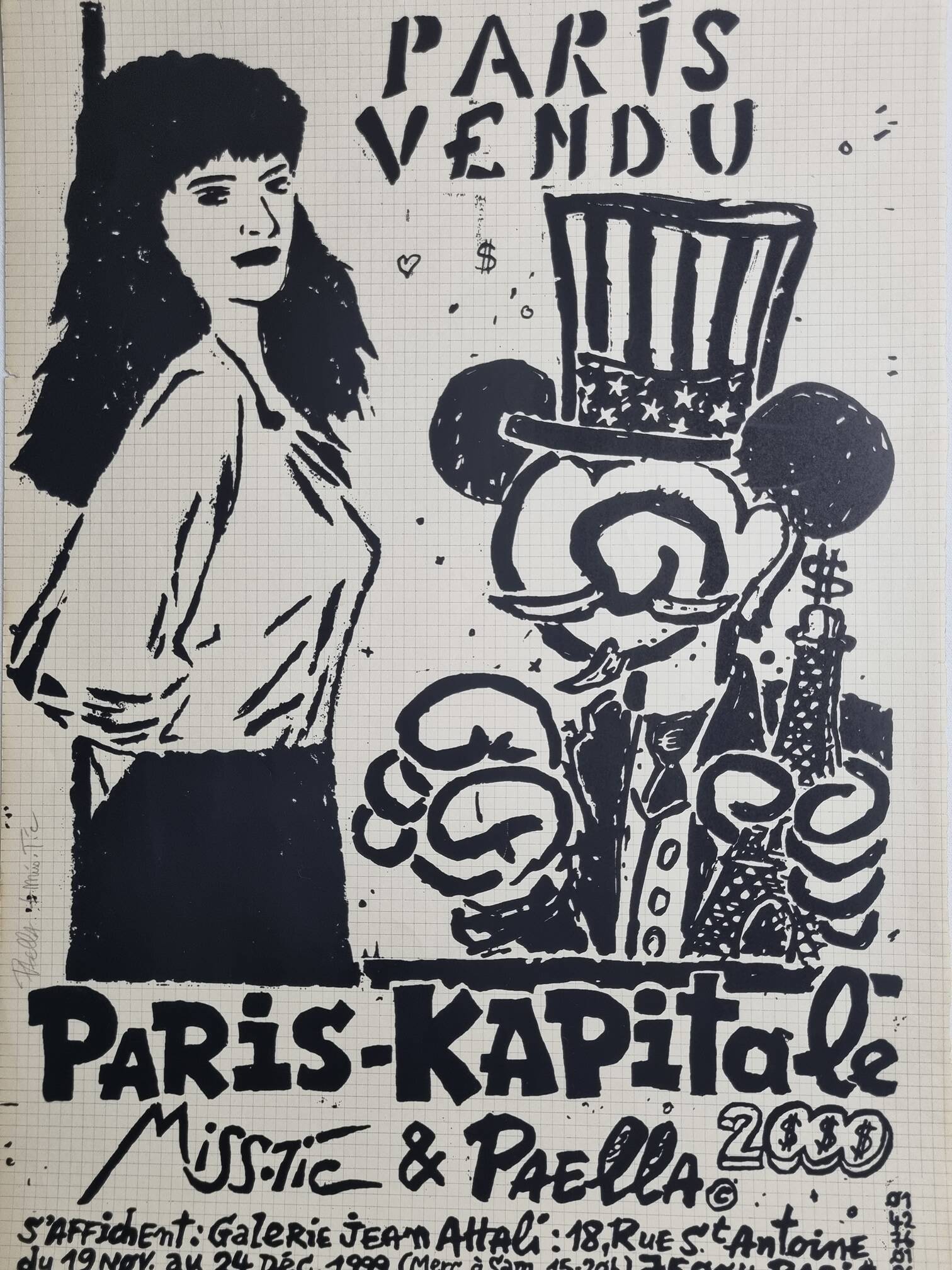 Affiche signée MissTic Paella 1999, Paris Kapitale, édition Limitée Gal. Attali, 33 cm par 46 cm