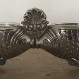 Salt and pepper shaker holder with a pair of fish in metal, Italian design