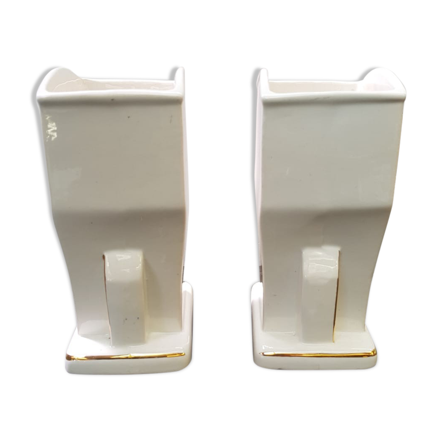 Pair Of Old White Art Ceramic Vase + Golden Decor Made In France Vintage