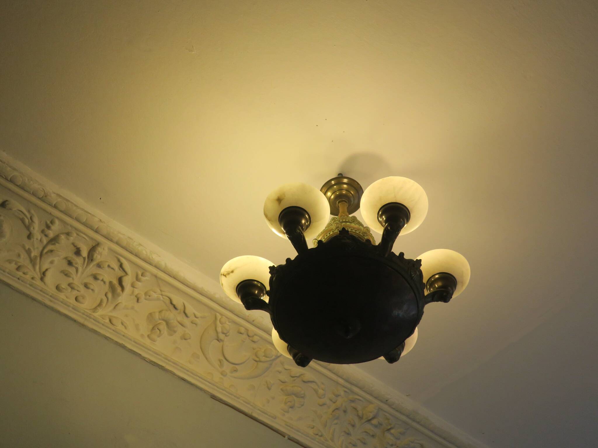 Antique bronze and alabaster 6-light chandelier, 1910