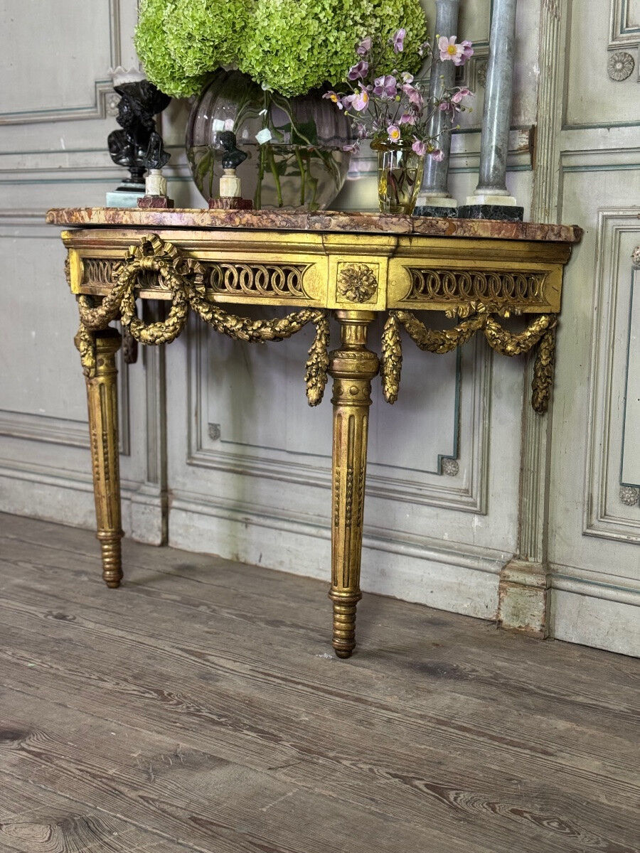 Louis XVI console table in carved and gilded wood, Jura brocatelle marble, 18th century