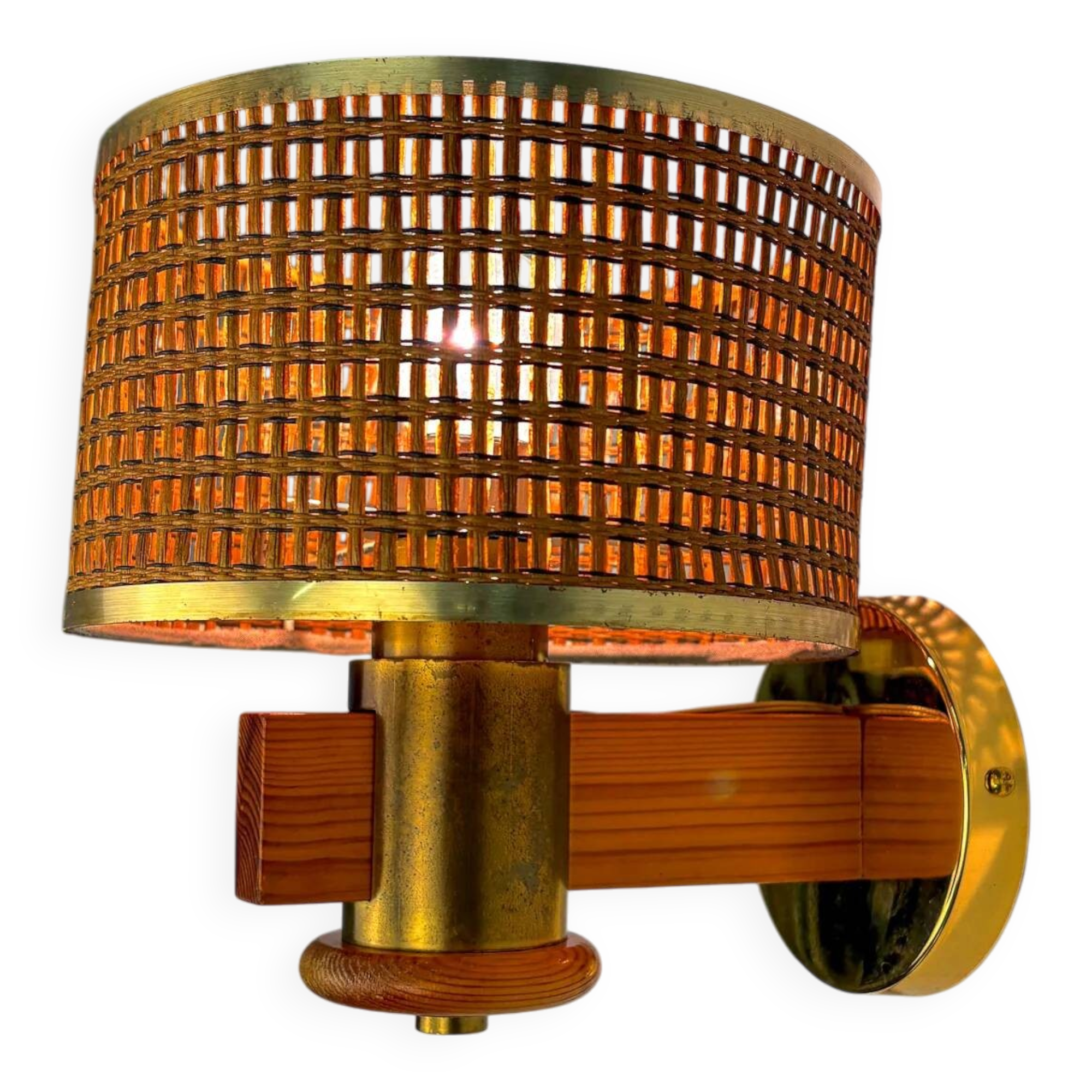 Vintage rattan & wood wall sconce, Italy, 1970s