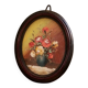 Small vintage oval painting – Raised bouquet of flowers – Retro burgundy frame
