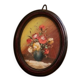 Small vintage oval painting – Raised bouquet of flowers – Retro burgundy frame