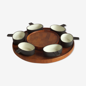 Rotating cast iron and teak wooden "lazy susan" tray by Lange Svendborg for Digsmed, Denmark 1960s.