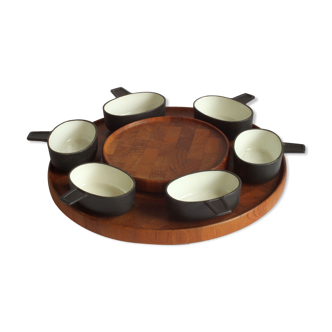 Rotating cast iron and teak wooden "lazy susan" tray by Lange Svendborg for Digsmed, Denmark 1960s.